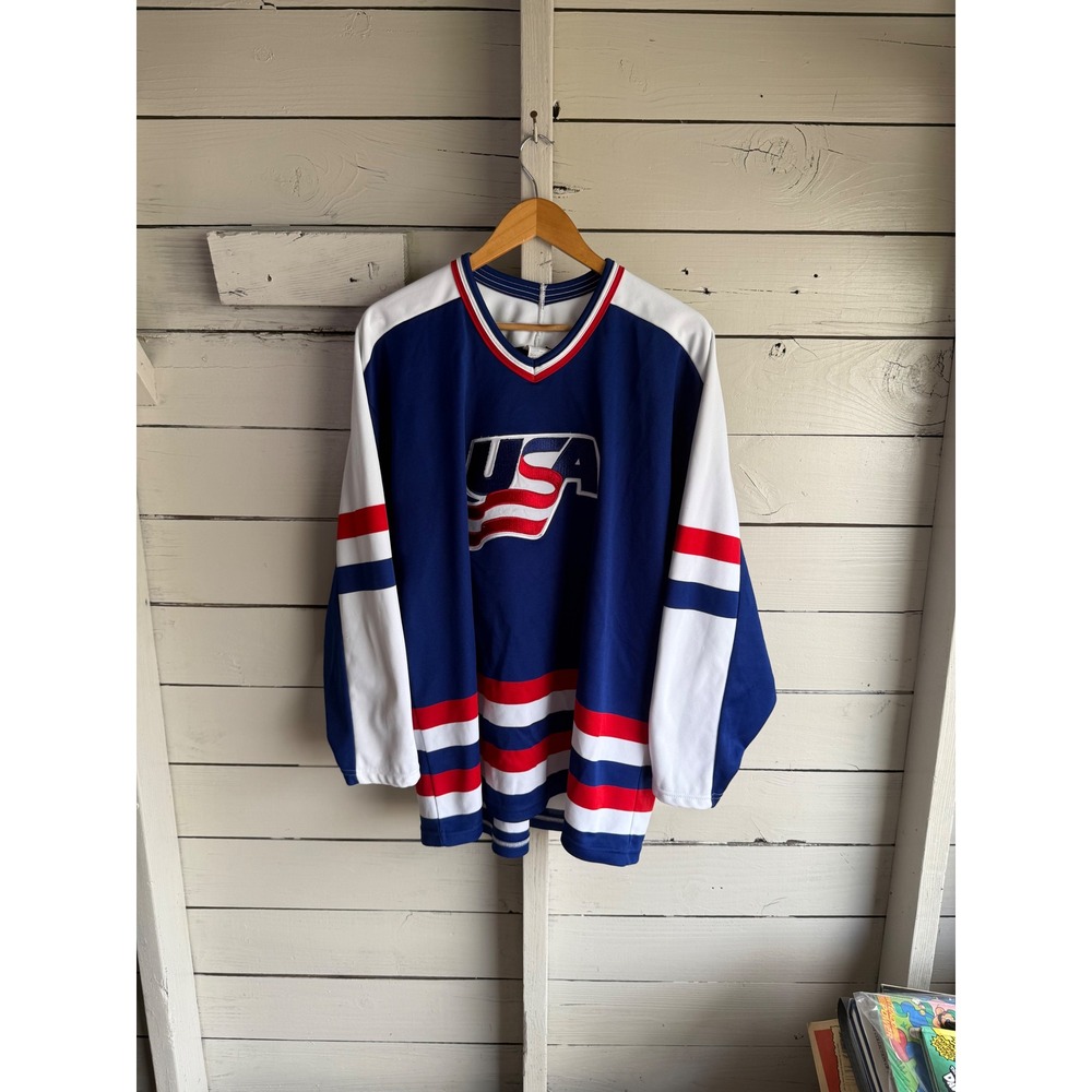 Vintage CCM USA Hockey Jersey Mens XL Blue Red White Embroidered Logo 90s Sport